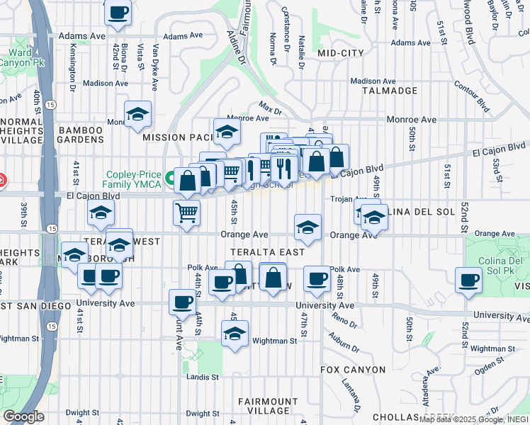 map of restaurants, bars, coffee shops, grocery stores, and more near 4244 46th Street in San Diego