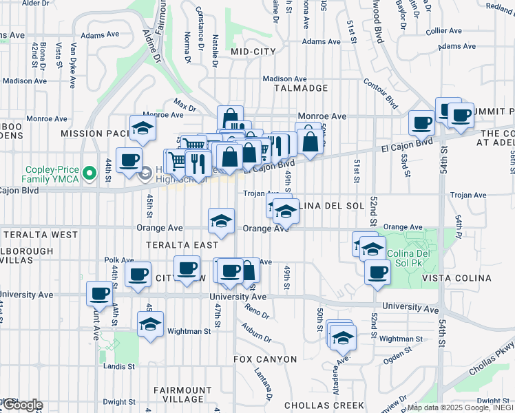 map of restaurants, bars, coffee shops, grocery stores, and more near 4265 48th Street in San Diego
