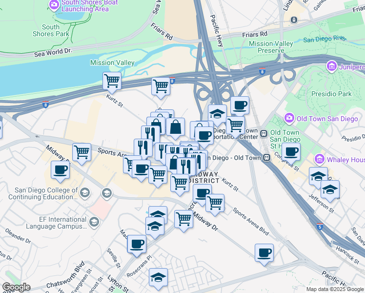 map of restaurants, bars, coffee shops, grocery stores, and more near 3710 Greenwood Street in San Diego
