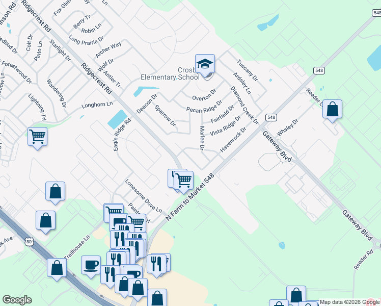 map of restaurants, bars, coffee shops, grocery stores, and more near 2019 Cardinal Drive in Forney
