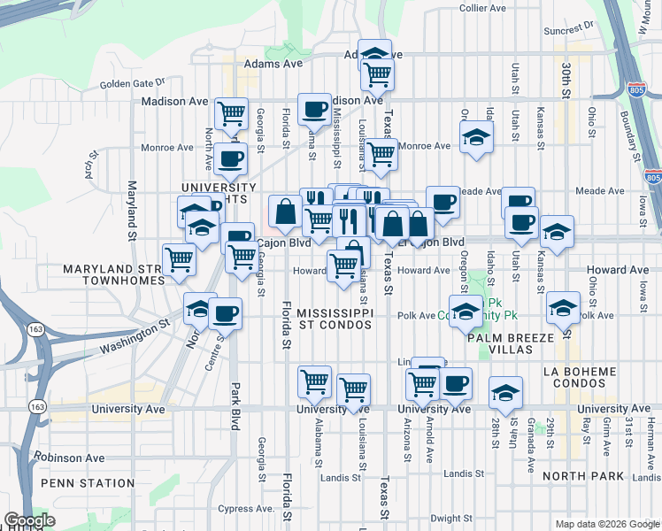 map of restaurants, bars, coffee shops, grocery stores, and more near 2140 Howard Avenue in San Diego