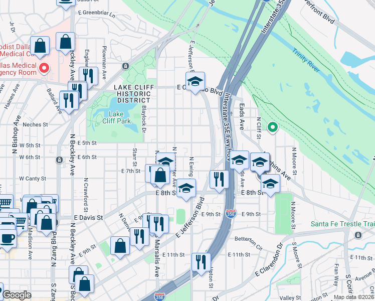 map of restaurants, bars, coffee shops, grocery stores, and more near 501 North Ewing Avenue in Dallas