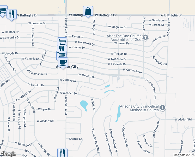 map of restaurants, bars, coffee shops, grocery stores, and more near 9151 West Madero Drive in Arizona City