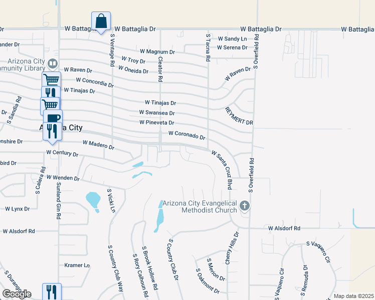 map of restaurants, bars, coffee shops, grocery stores, and more near 8585 West Santa Cruz Boulevard in Arizona City