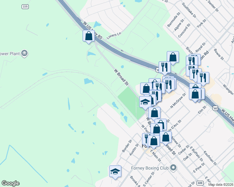 map of restaurants, bars, coffee shops, grocery stores, and more near 408 Crestview Drive in Forney