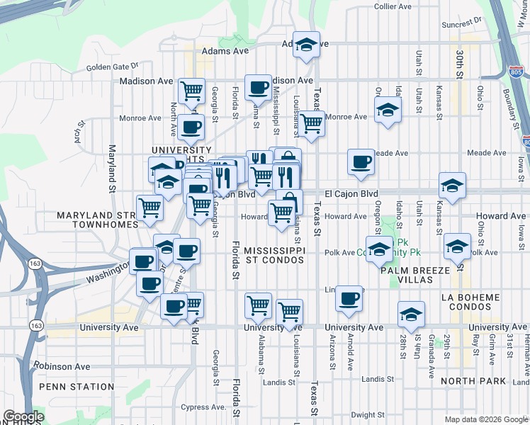 map of restaurants, bars, coffee shops, grocery stores, and more near 2120 Howard Avenue in San Diego