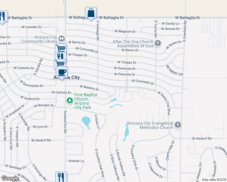 map of restaurants, bars, coffee shops, grocery stores, and more near 8994 West Madero Drive in Arizona City