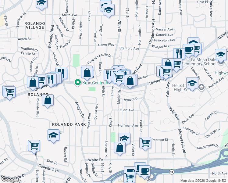 map of restaurants, bars, coffee shops, grocery stores, and more near 4220 Lois Street in La Mesa