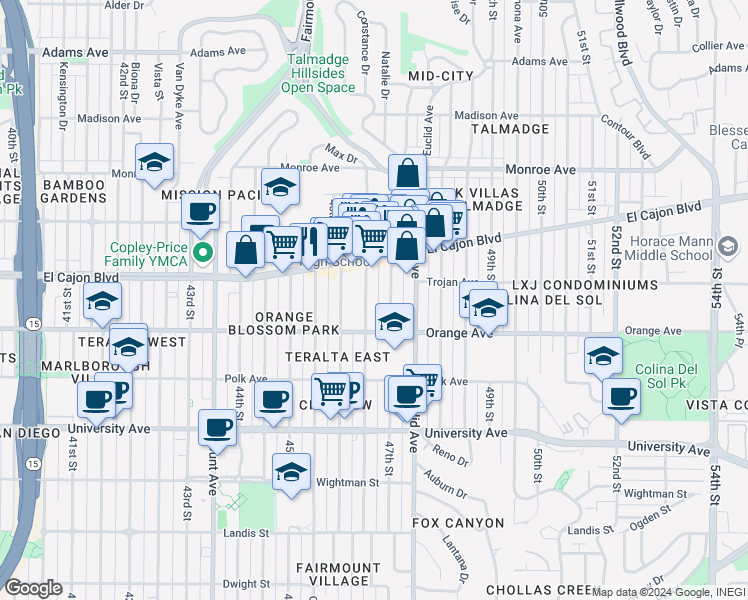 map of restaurants, bars, coffee shops, grocery stores, and more near 4243 Menlo Avenue in San Diego