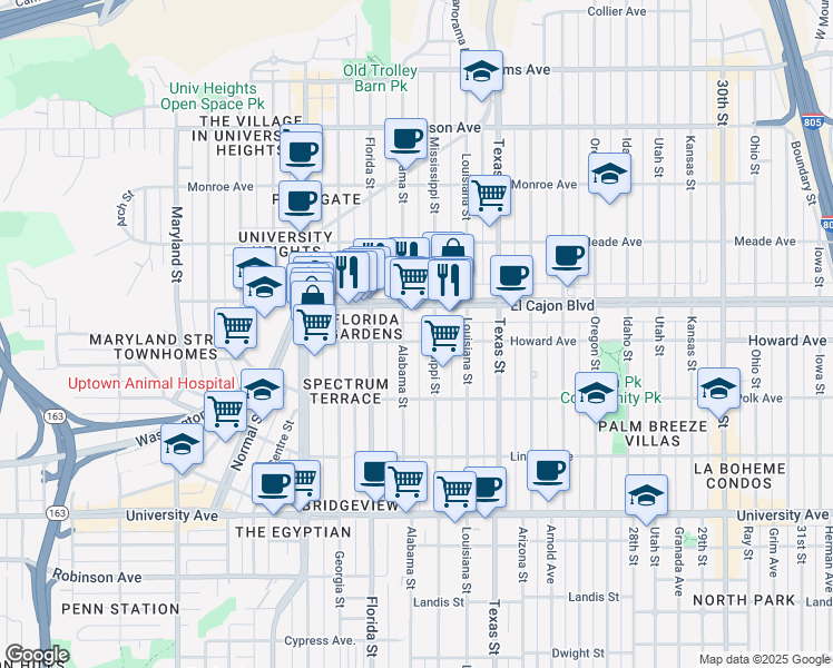 map of restaurants, bars, coffee shops, grocery stores, and more near 2120 Howard Avenue in San Diego