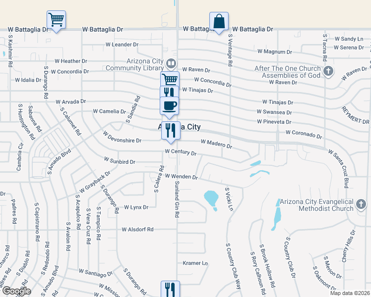 map of restaurants, bars, coffee shops, grocery stores, and more near 9558 West Century Drive in Arizona City