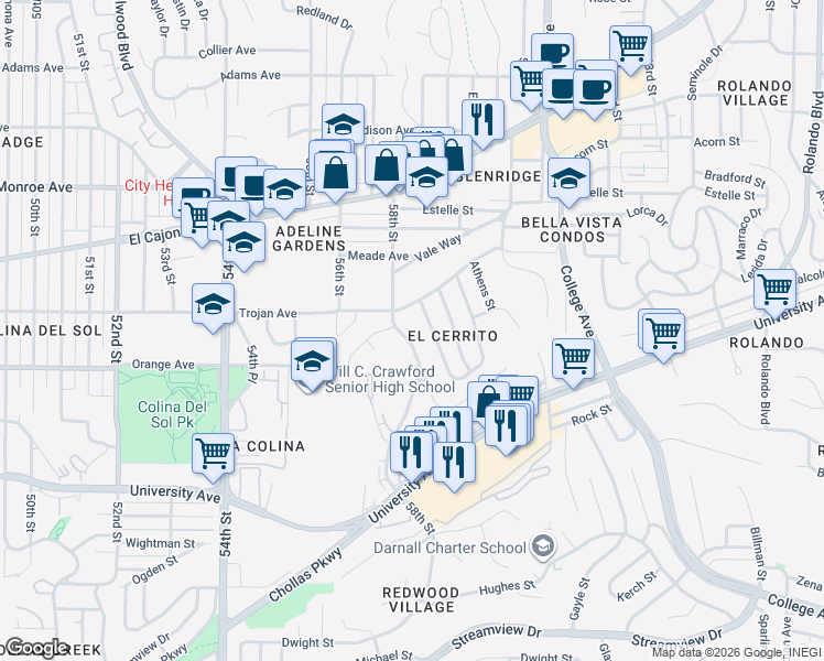 map of restaurants, bars, coffee shops, grocery stores, and more near 4227 58th Street in San Diego
