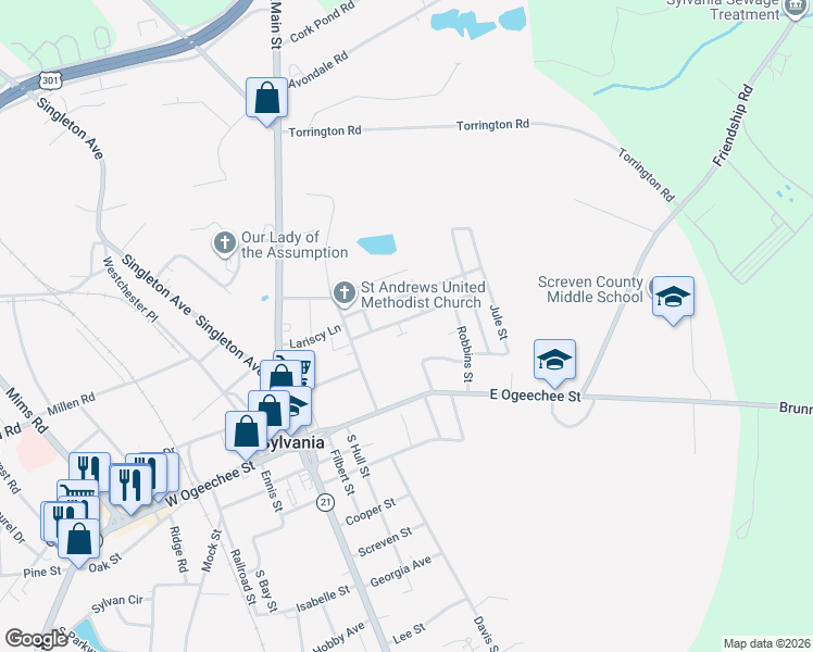 map of restaurants, bars, coffee shops, grocery stores, and more near 206 Abram Street in Sylvania