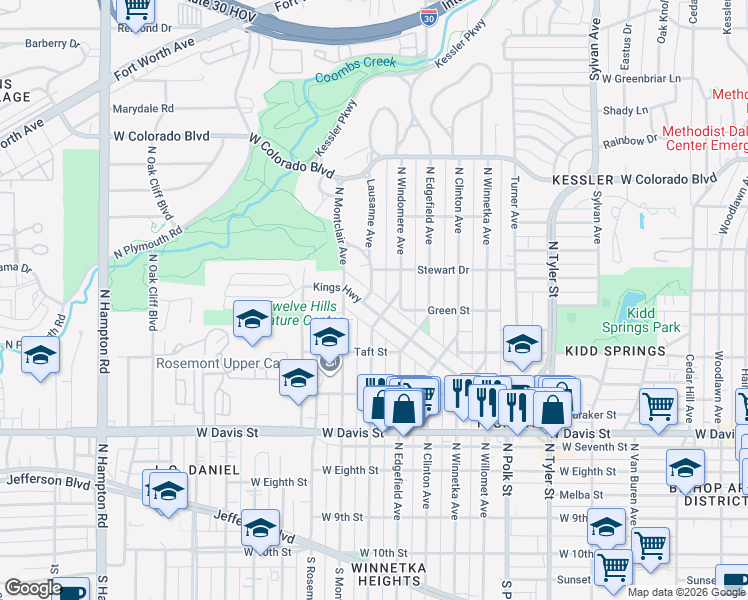 map of restaurants, bars, coffee shops, grocery stores, and more near 1435 Kings Highway in Dallas