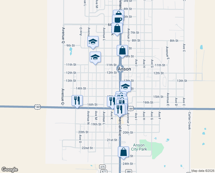 map of restaurants, bars, coffee shops, grocery stores, and more near 1402 Avenue K in Anson