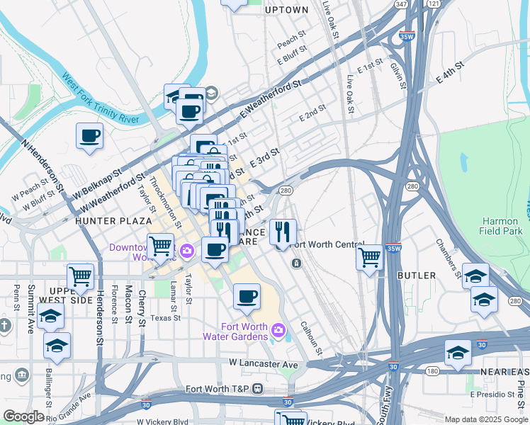 map of restaurants, bars, coffee shops, grocery stores, and more near 715 Jones Street in Fort Worth