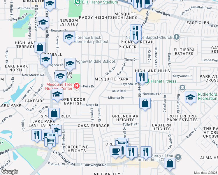 map of restaurants, bars, coffee shops, grocery stores, and more near 907 Calle Real in Mesquite