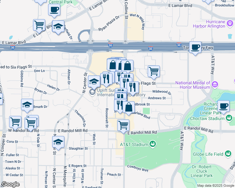 map of restaurants, bars, coffee shops, grocery stores, and more near 707 Andrews Street in Arlington