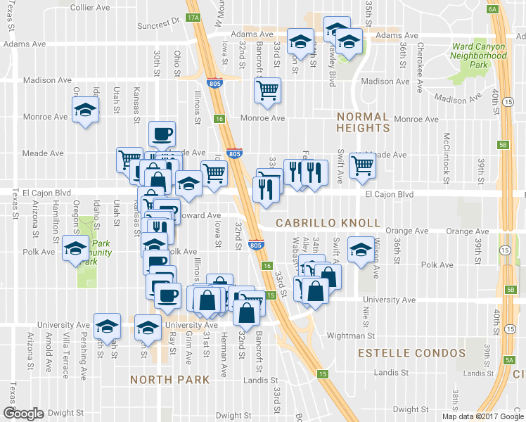 map of restaurants, bars, coffee shops, grocery stores, and more near 3245 Bramson Pl in San Diego