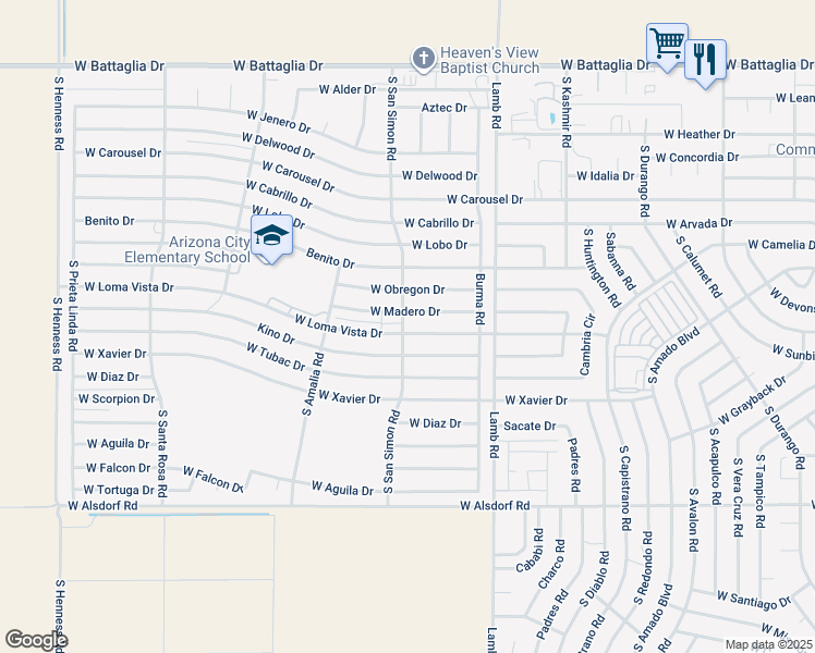 map of restaurants, bars, coffee shops, grocery stores, and more near 11529 West Loma Vista Drive in Arizona City