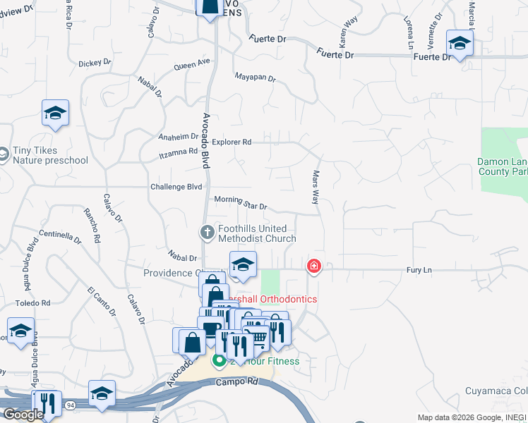 map of restaurants, bars, coffee shops, grocery stores, and more near 4123 Palm Tree Court in La Mesa