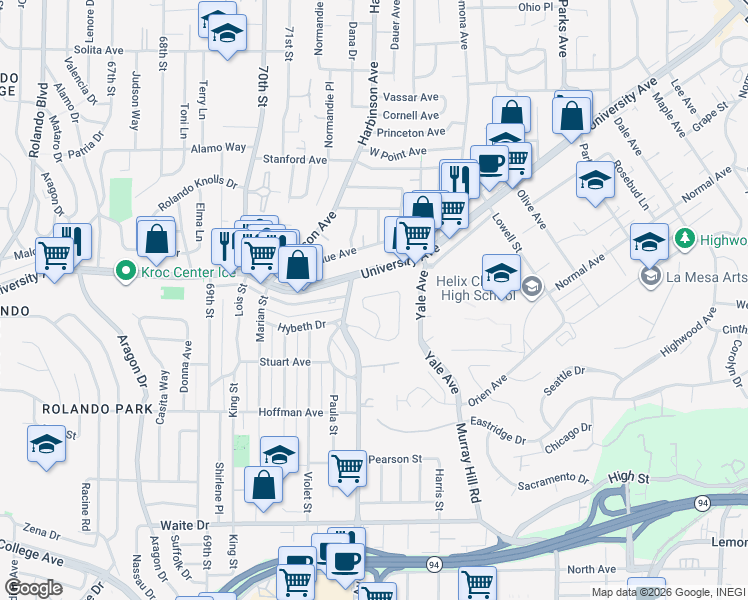 map of restaurants, bars, coffee shops, grocery stores, and more near 4215 Blackton Drive in La Mesa