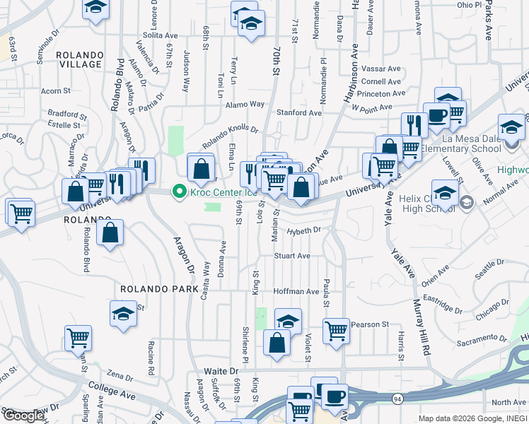 map of restaurants, bars, coffee shops, grocery stores, and more near 4220 Lois Street in La Mesa
