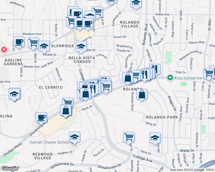map of restaurants, bars, coffee shops, grocery stores, and more near 6222 University Avenue in San Diego