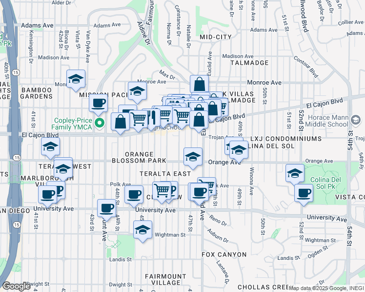 map of restaurants, bars, coffee shops, grocery stores, and more near 4240 Menlo Avenue in San Diego