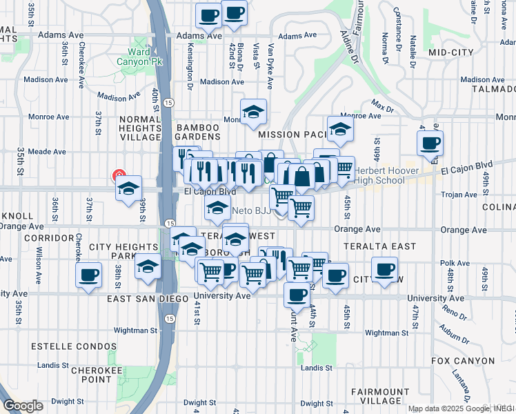 map of restaurants, bars, coffee shops, grocery stores, and more near 4235 Copeland Avenue in San Diego