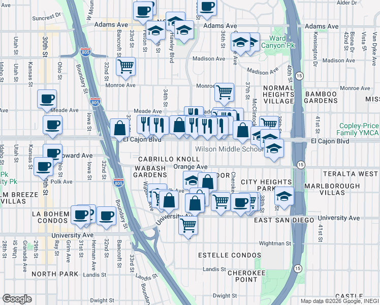 map of restaurants, bars, coffee shops, grocery stores, and more near 4249 1/2 35th Street in San Diego