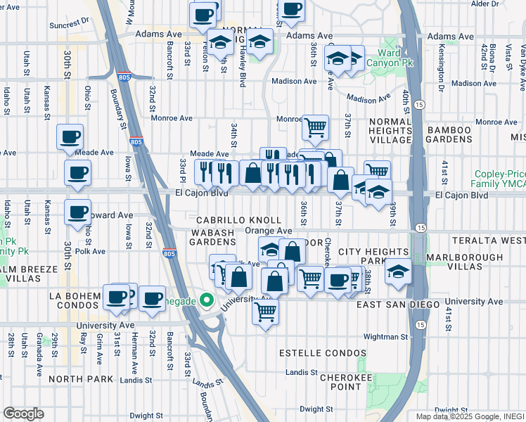 map of restaurants, bars, coffee shops, grocery stores, and more near 4249 1/2 35th Street in San Diego