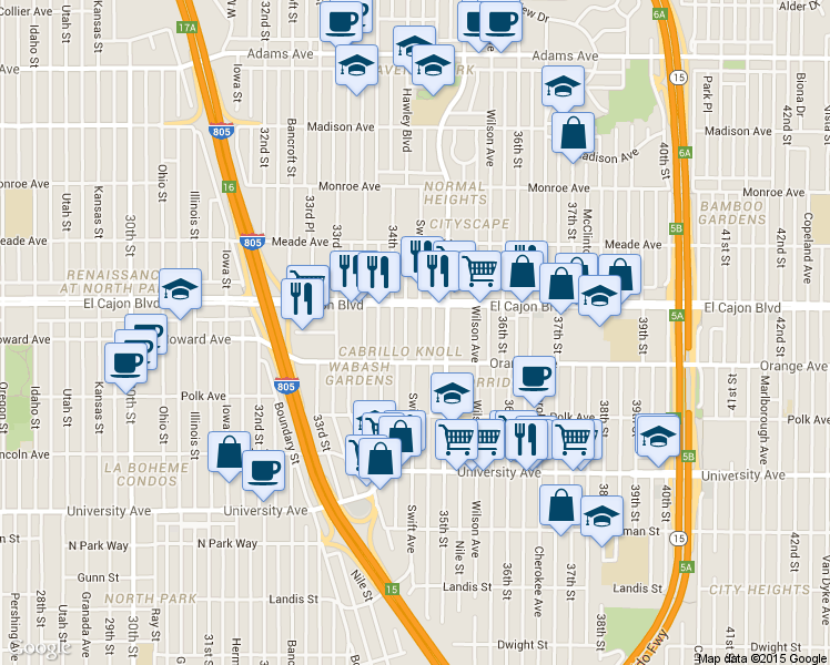map of restaurants, bars, coffee shops, grocery stores, and more near 4249 1/2 35th Street in San Diego