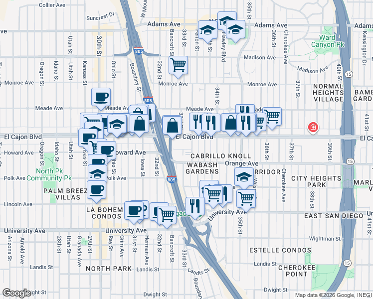 map of restaurants, bars, coffee shops, grocery stores, and more near 3285 Bramson Place in San Diego