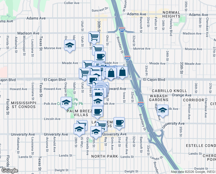 map of restaurants, bars, coffee shops, grocery stores, and more near 4193 Ohio Street in San Diego