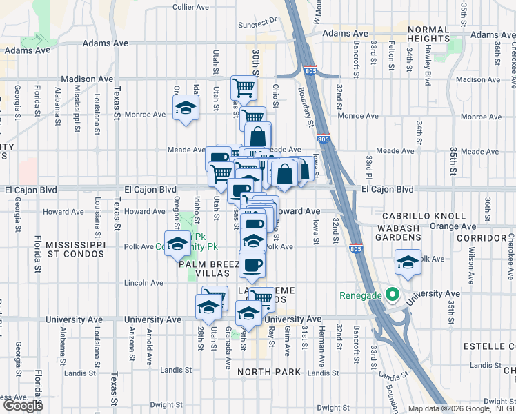 map of restaurants, bars, coffee shops, grocery stores, and more near 4192 30th Street in San Diego