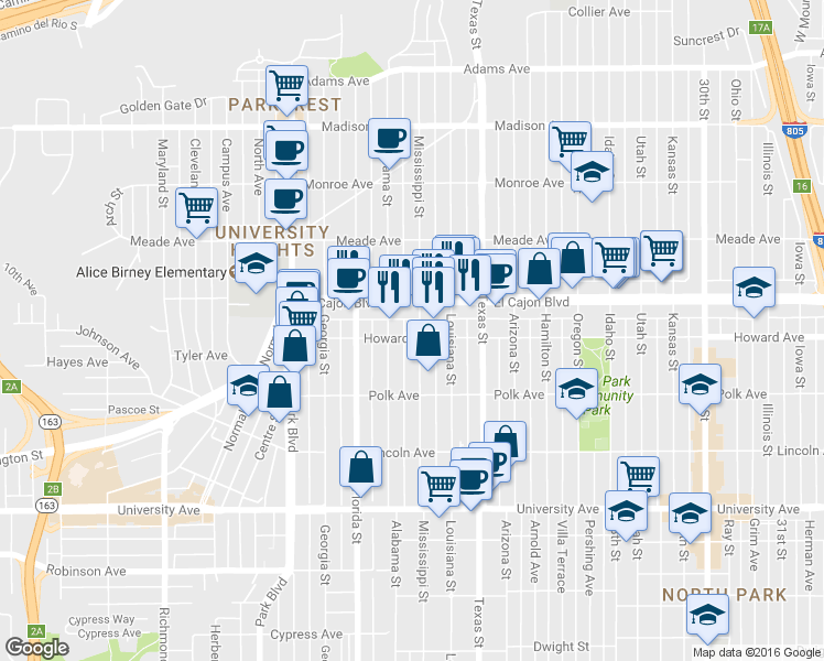 map of restaurants, bars, coffee shops, grocery stores, and more near 2203 Howard Avenue in San Diego