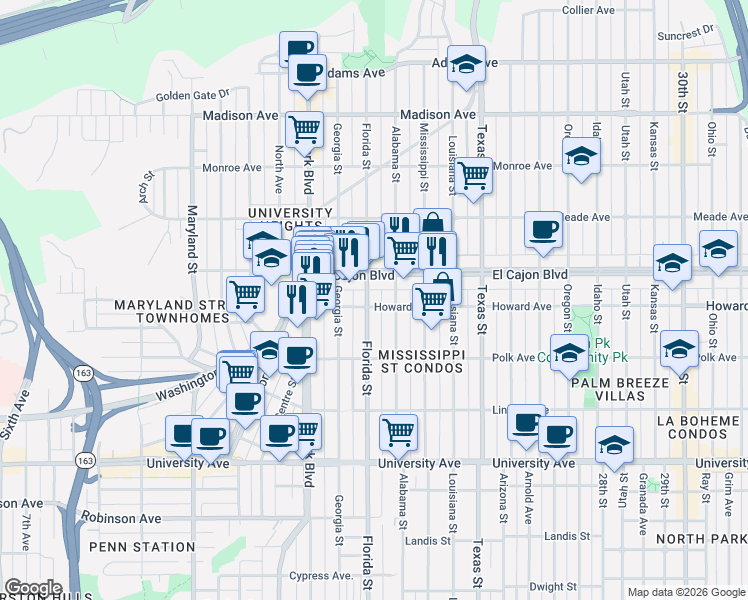 map of restaurants, bars, coffee shops, grocery stores, and more near 1937 Howard Avenue in San Diego