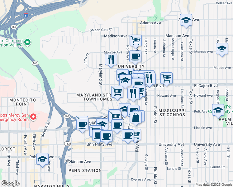 map of restaurants, bars, coffee shops, grocery stores, and more near 4101 Campus Avenue in San Diego