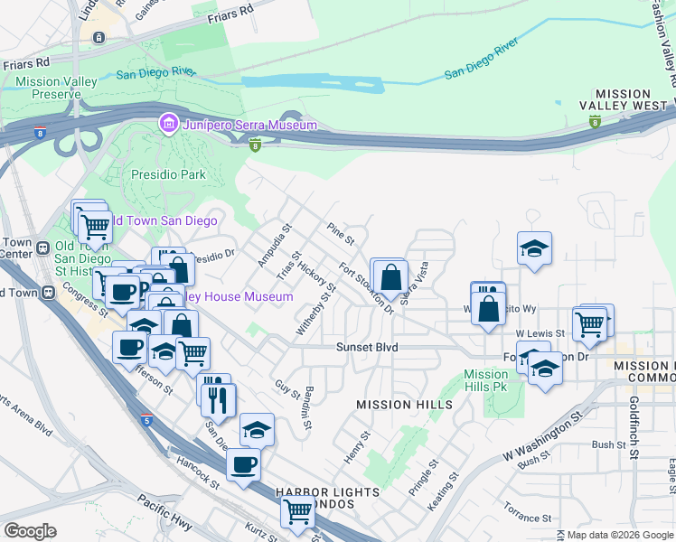 map of restaurants, bars, coffee shops, grocery stores, and more near 2222 Hickory Street in San Diego