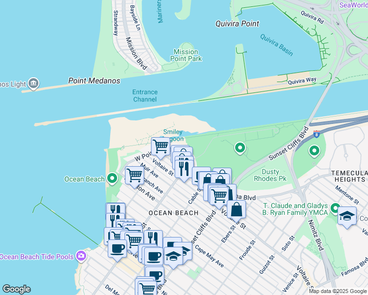 map of restaurants, bars, coffee shops, grocery stores, and more near 5042 West Point Loma Boulevard in San Diego