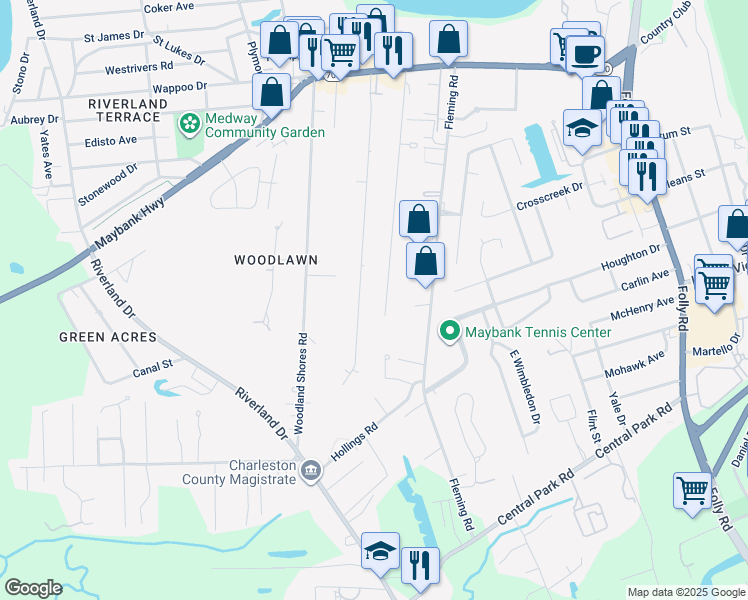 map of restaurants, bars, coffee shops, grocery stores, and more near 349 Stefan Drive in Charleston