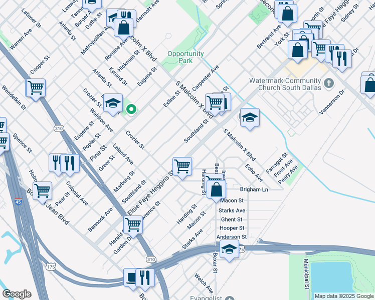 map of restaurants, bars, coffee shops, grocery stores, and more near 2621 Elsie Faye Heggins Street in Dallas