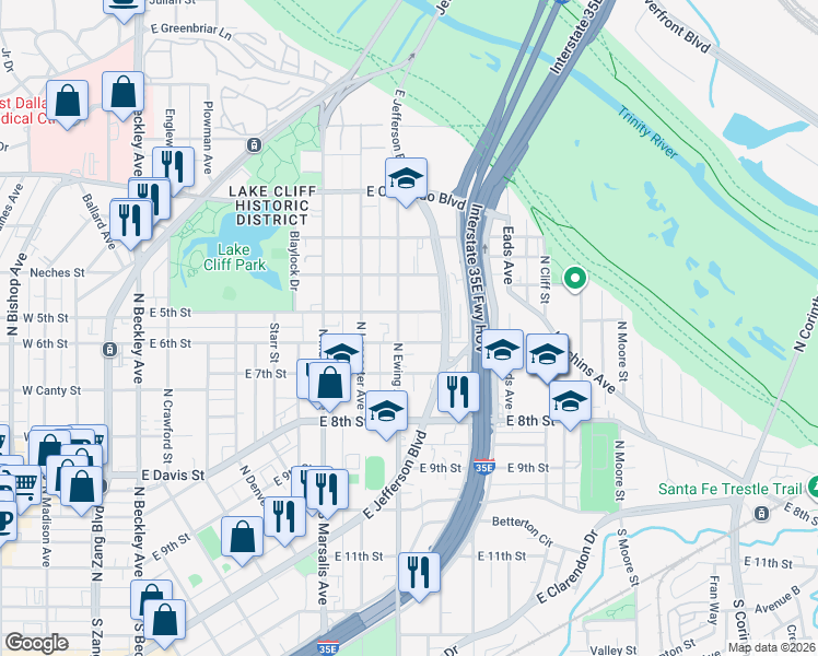 map of restaurants, bars, coffee shops, grocery stores, and more near 501 North Ewing Avenue in Dallas