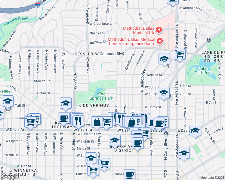 map of restaurants, bars, coffee shops, grocery stores, and more near 661 Bishop Heights Lane in Dallas