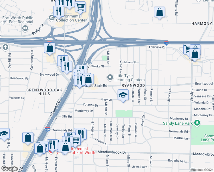 map of restaurants, bars, coffee shops, grocery stores, and more near 6814 Brentwood Stair Road in Fort Worth