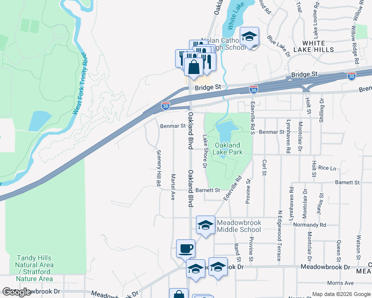 map of restaurants, bars, coffee shops, grocery stores, and more near 1701 Oakland Boulevard in Fort Worth