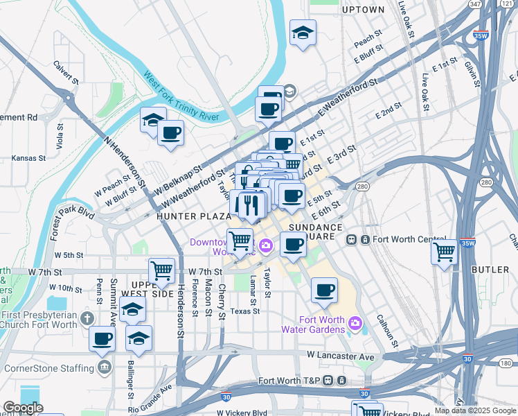 map of restaurants, bars, coffee shops, grocery stores, and more near 515 West 4th Street in Fort Worth