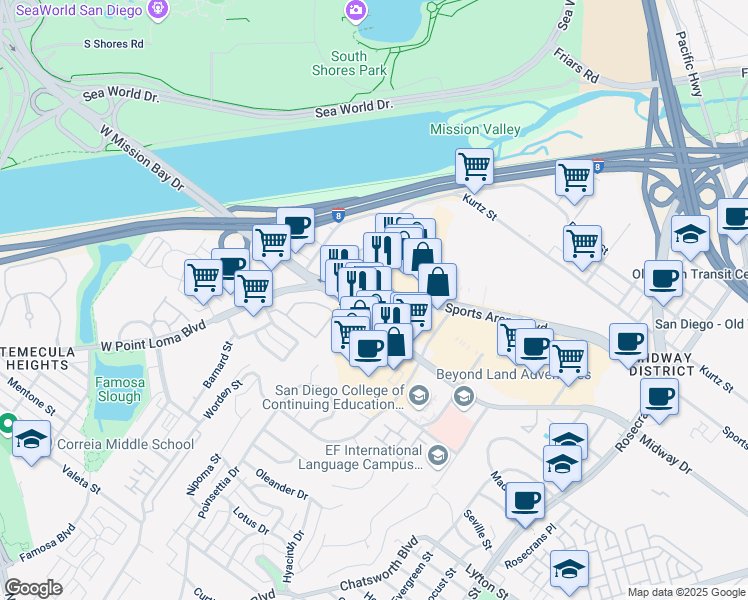 map of restaurants, bars, coffee shops, grocery stores, and more near 3760 Midway Dr in San Diego