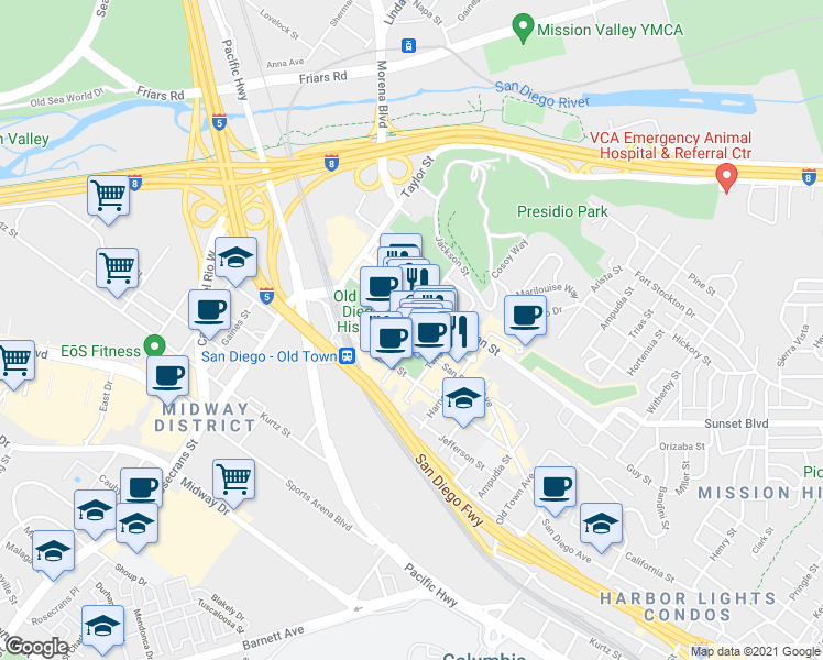 map of restaurants, bars, coffee shops, grocery stores, and more near 4000 Mason Street in San Diego